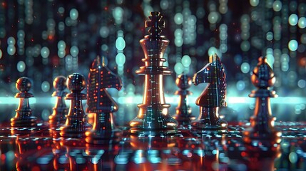 The Fusion of Chess and Technological Intellect A Glowing King Surrounded by Microchip Pawns on a Binary Code Backdrop Generative ai - obrazy, fototapety, plakaty