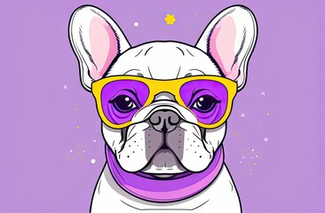 Cartoon french bulldog wearing violet sunglasses on a violet background. The Concept for t- shirt and clothe design, backpacks and bags print, notebook covers design,mugs print,stickers.