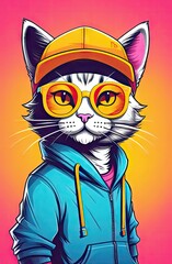 Hip hop style cartoon cat wearing sunglasses, blue hoodie and yellow hat. Concept for t- shirt and clothe design, backpacks and bags print, notebook covers design,mugs print,stickers