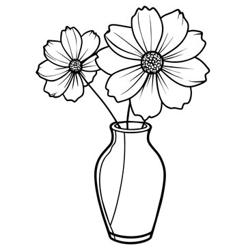 recommend clip art: Cosmos flower on the vase outline illustration coloring book page design, Cosmos flower on the vase black and white line art drawing coloring book pages for children and adults