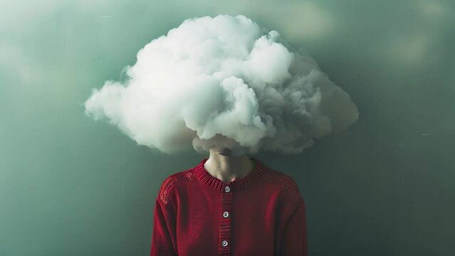 A woman with a red sweater and a cloud of smoke on her head. Concept of confusion and disorientation