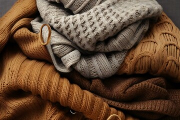 Pile of knitted sweaters on wooden background, closeup