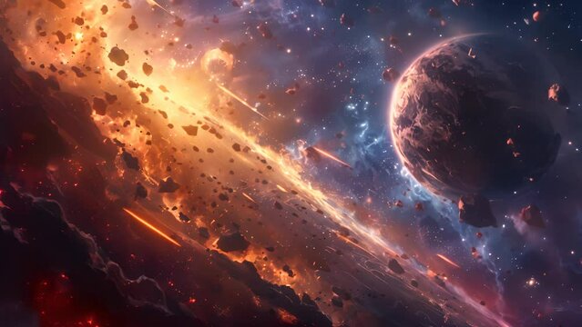 A space scene with a planet and a lot of rocks. The planet is in the middle of the scene and the rocks are scattered all around it. The scene has a sense of chaos and destruction
