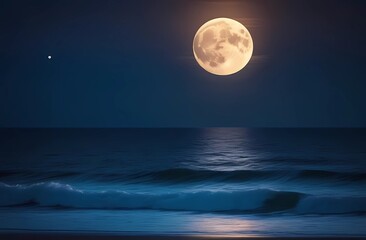 Full moon over the ocean at night. Romance.