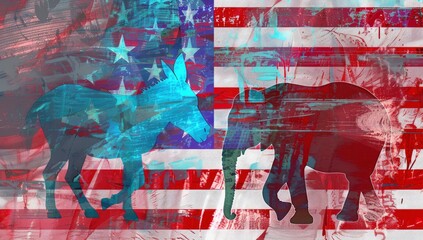 A blue donkey and red elephant on an American flag background