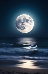 Full moon over the ocean at night. Romance.