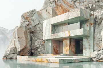 rendering of a white marble building on the shore of a lake