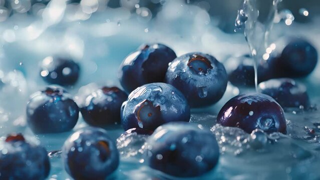 A bunch of blueberries are in a bowl of water. The water is splashing and the berries are floating