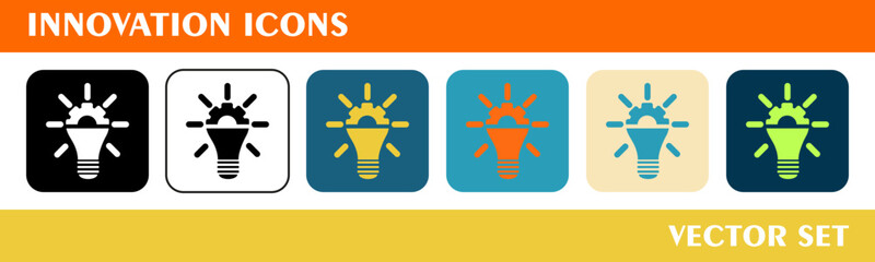 Innovation icons set. 6 style icons with various colors. For sign, symbol, web design or web graphics. 