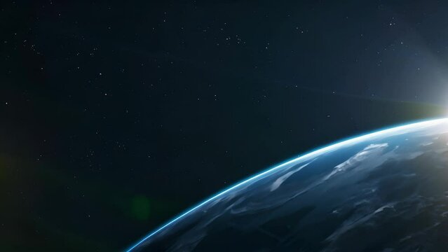 A blue planet with a bright light shining on it. The planet is surrounded by a dark sky with many stars