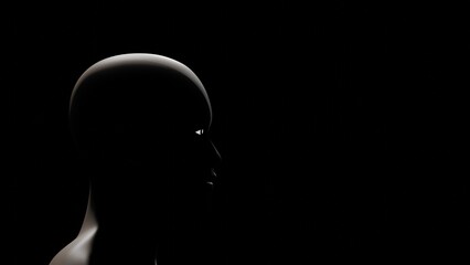 Illustration of a human head focusing on something in a contemplative mood on a black background.
