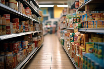 Fototapeta premium Blurred background grocery supermarket. shopping mall background,