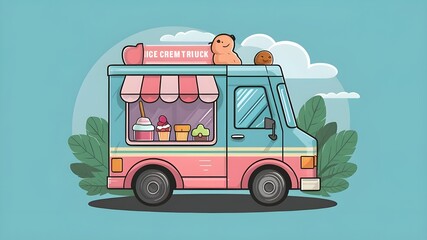 Cute Pastel Color Ice Cream Truck Illustration For Poster Kid Wear Element Card.