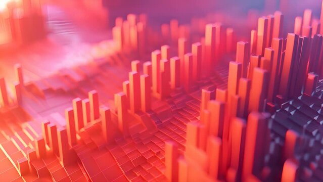 A red and orange background with many red blocks. The blocks are arranged in a way that creates a sense of depth and dimension. Scene is one of chaos and disorder, with the blocks seemingly scattered