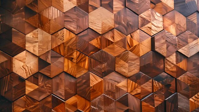 A wooden wall with hexagonal shapes. The wall is made of wood and has a brown color