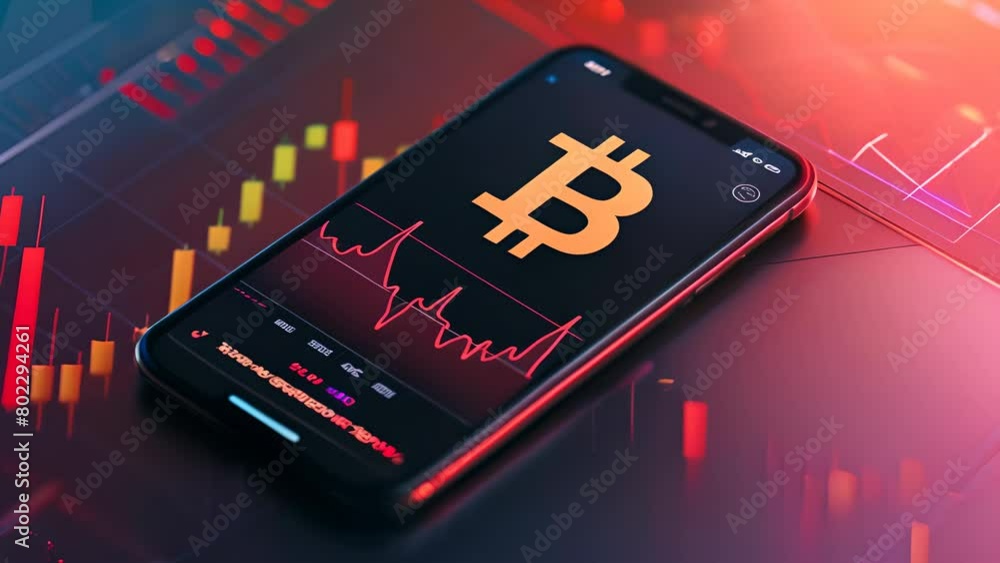 Poster bold bitcoin symbol on a smartphone with rising stock line graphs in the background, perfect for ann