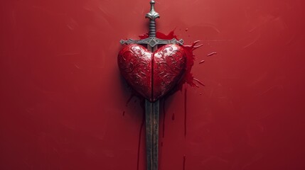 A sword with red hearts on a red background, 4k wallpaper，Passionate Love Embraced by a Sword on Vibrant Red Background. Striking Symbol of Emotions and Resilience. 4K Wallpaper.


