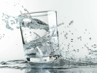 Splash of clear water captured as it overflows from a glass against a white background. - obrazy, fototapety, plakaty