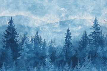 Winter landscape with fir trees in fog and mountains,  Digital painting