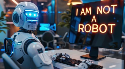 A humanoid robot is sitting at the computer in front of an LED screen with the text I AM NOT A ROBOT
