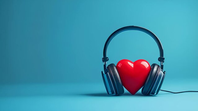 A red heart is placed on top of a pair of headphones. The headphones are plugged into a device, and the heart is positioned in front of them. Concept of love and affection