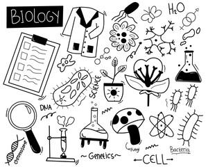 Big set of hand drawn vector biological icons, isolated on white background. Black and white kawaii 
