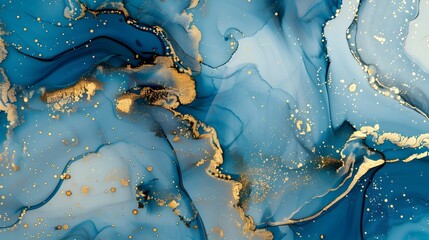 Shimmering Fluid Marble Backdrop with Captivating Golden Highlights and Ethereal Blue Accents