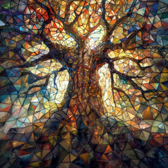Abstract geometric stained-glass representation of a tree with vivid autumnal hues