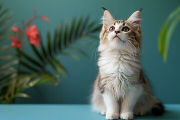 Cute Maine Coon kitten sitting on blue background and looking up