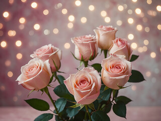 a timeless Valentine's Day scene, a backdrop of delicate pink roses in a retro style.