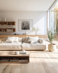 living room, white walls, wooden floor, large windows, white sofa, plants, minimalist