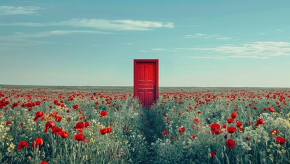 A red door stands in the middle field of poppies.
