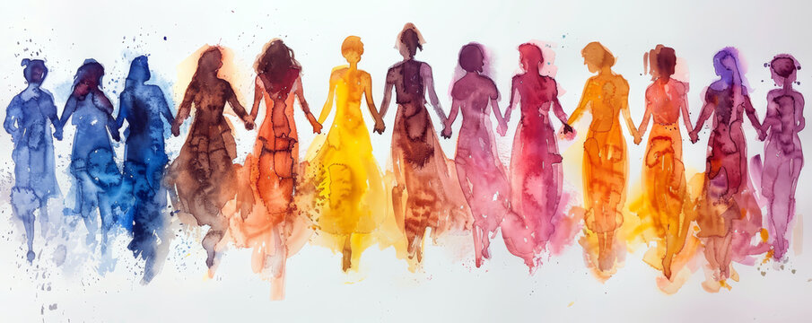 Vibrant watercolor painting of diverse women holding hands across colorful, splattered background