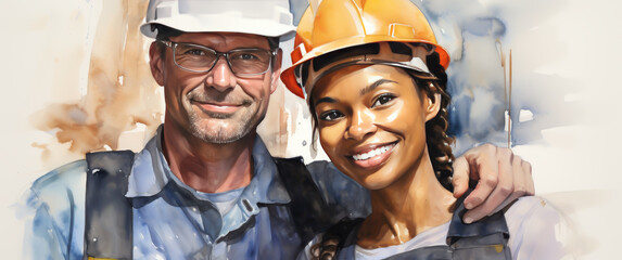 Watercolor portrait of diverse construction workers, showcasing a team in safety gear with a friendly demeanor