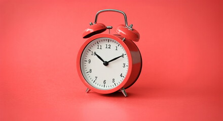 Coral old alarm clock on red background concept