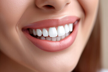 Fototapeta premium Beautiful female smile after teeth whitening procedure. Dental care. Dentistry concept.