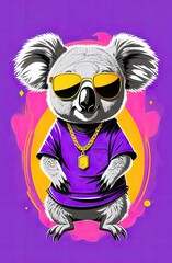 Stylish koala bear with swag wears sunglasses, gold chain, purple shirt, purple backdrop. Great for fashion-forward clothing, bags, and notebooks.
