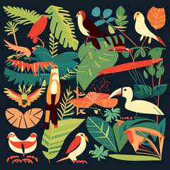 a set of hand draw flat collection of rainforest birds, vector illustration flat 2