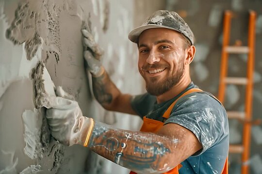 Plasterer in working uniform plastering the wall indoors.