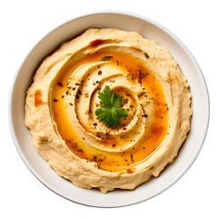 Bowl of homemade hummus on transparent background