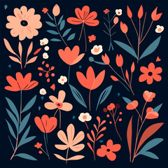 a set of hand drawn wild flower isolated dark background, vector illustration flat 2