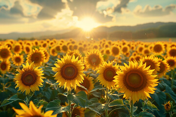 A field of sunflowers turning towards the sun in unison.