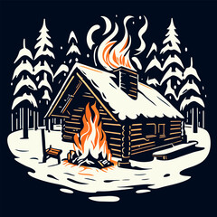 font fire camp wooden house snow cabin in winter hand drawn, vector illustration flat 2