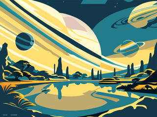 wild planets with river retrofuturism space clouds spaceship launch, vector illustration flat 2