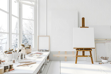 General plan of an art studio in white colors with a window, white table, brushes, easel, blank canvases and picture frames. - Powered by Adobe