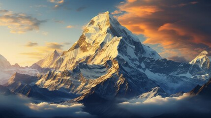 A panoramic view of a majestic mountain range at sunrise, with peaks highlighted by the golden light and a clear blue sky