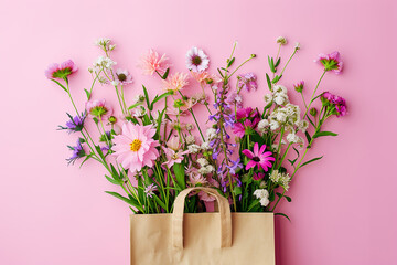 Pink bouquet in paper shopping bag on pink background, copy space. Pink tones. Happy shopping concept. Mothers women day.