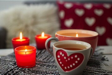 Obraz na płótnie Canvas Two cups of tea with red heart shape candles on sofa in living room