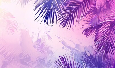 Summer background with palm leaves, gradient pink and purple colors.