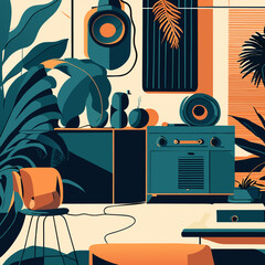 wires, speakers and plants, vector illustration flat 2